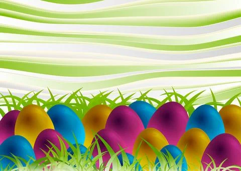 Colorful Easter eggs, green spring grass and curved waves background 스톡 일러스트