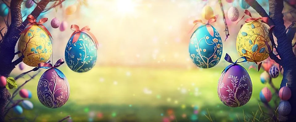 Colorful Easter eggs hang from trees in sunny spring garden on nature background Stock Illustration