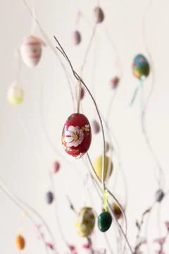 Colorful easter eggs hanging on branches Stock Photos