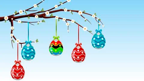 Colorful Easter eggs hanging on the spring branch Stock Illustration