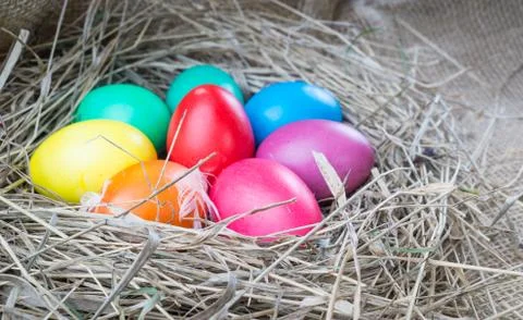 Colorful easter eggs in hay on sackcloth background Stock Photos
