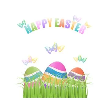 Colorful Easter eggs hiding in grass with butterflies Stock Illustration