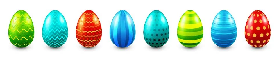 Colorful Easter eggs isolated on white background. Seasonal spring decoration Stock Illustration