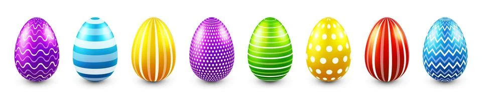 Colorful Easter eggs isolated on white background. Seasonal spring decoration Ilustración de archivo
