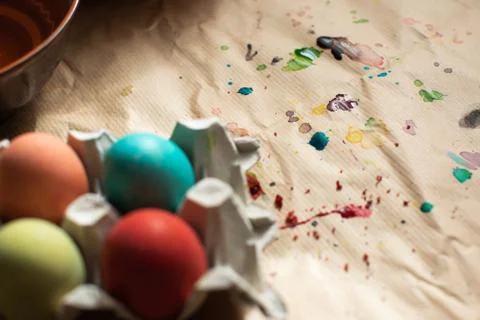 Colorful Easter eggs lie on the table. Easter symbol Stock Photos