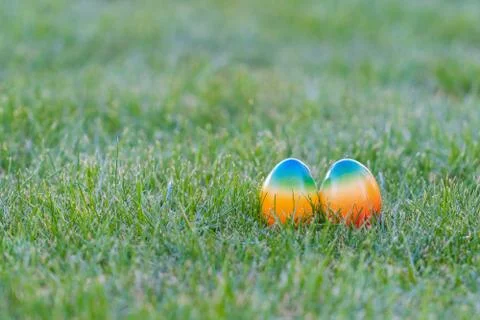 Colorful easter eggs lying in the backyard grass. copyspace Stock Photos