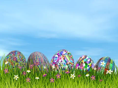 Colorful Easter eggs in nature - 3D render Stock Illustration