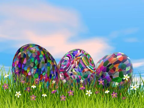 Colorful Easter eggs in nature - 3D render Stock Illustration
