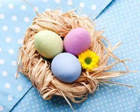 Colorful Easter Eggs in the Nest on blue napkin Stock Photos