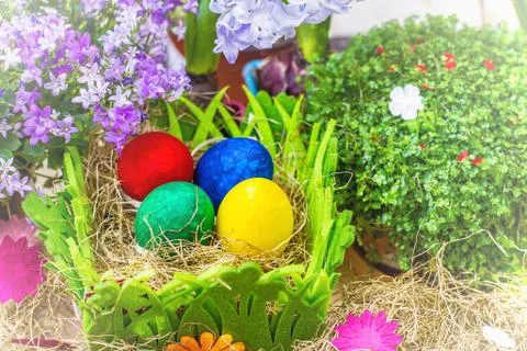 Colorful easter eggs in nest Stock Photos