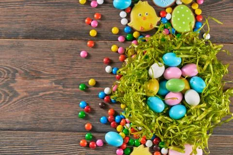 Colorful easter eggs in nest. Stock Photos