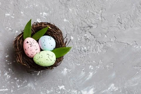Colorful easter eggs in nest on table background with copy space top view 库存照片