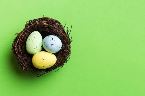 Colorful easter eggs in nest on table background with copy space top view 写真素材