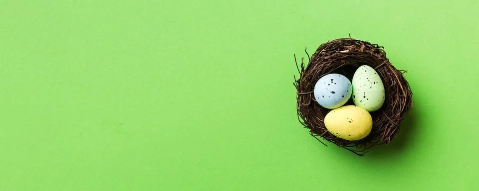 Colorful easter eggs in nest on table background with copy space top view 写真素材