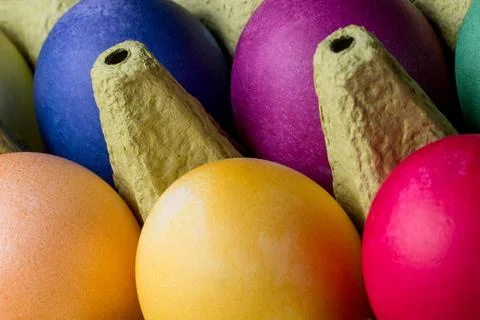 Colorful easter eggs in paper egg carton Stock Photos