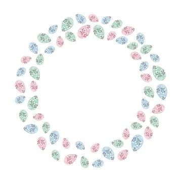 Colorful Easter eggs patterned blooming twigs and strings Circle frame border Illustrazione stock