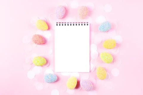 Colorful easter eggs on pink background. Stock Photos