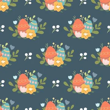 Colorful Easter eggs with plants and flowers on dark background. Vector pattern Stock Illustration