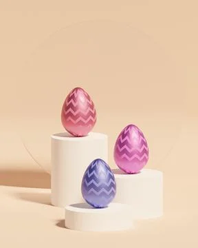 Colorful Easter eggs on podiums, beige background, spring April holidays card Stock Illustration