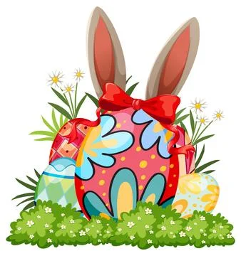 Colorful Easter Eggs with Rabbit Ears and Red Bow in Grass Stock Illustration