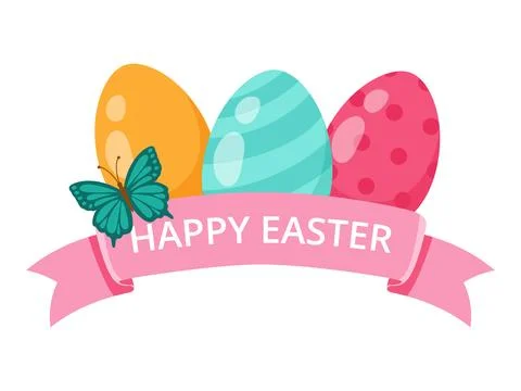 Colorful Easter eggs with ribbon, text Happy Easter. Stock Illustration