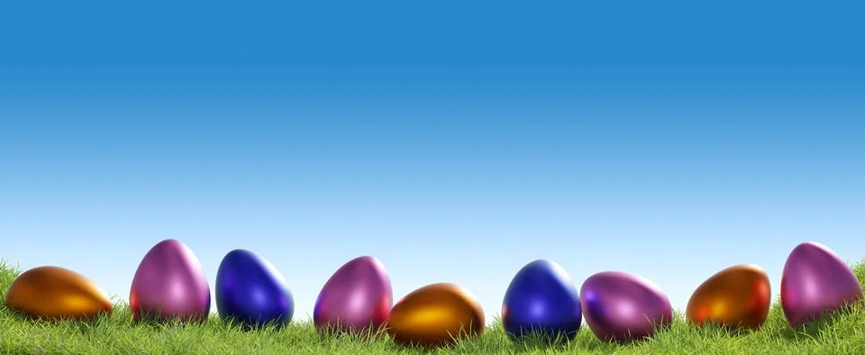 Colorful Easter eggs in a row on a grass background, Easter concept Stock Illustration
