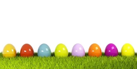 Colorful easter eggs in a row on green grass 3d rendering Stock Illustration