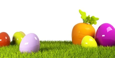 Colorful easter eggs in a row on green grass 3d rendering Stock Illustration