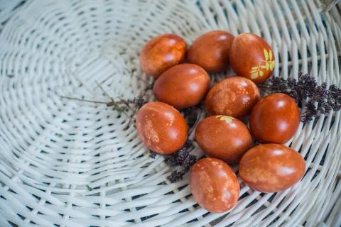 Colorful Easter eggs on rustic background Stock Photos