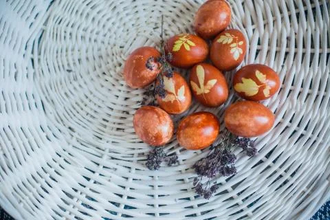 Colorful Easter eggs on rustic background Foto stock