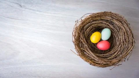 Colorful Easter eggs in rustic nest on wooden background. Flat Lay, copy spac Stock Photos