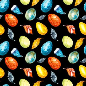 Colorful easter eggs seamless patterns. Easter set. Watercolor illustration on Stock Illustration