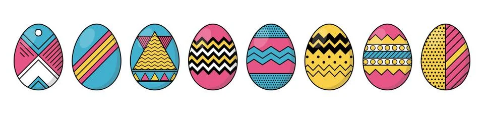 Colorful Easter eggs set with 90s Memphis geometric patterns and linear orn.. Stock Illustration