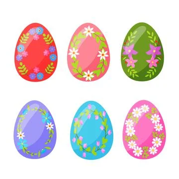 Colorful Easter eggs set, with green leaves, and hand-drawn flowers. vector Stock Illustration
