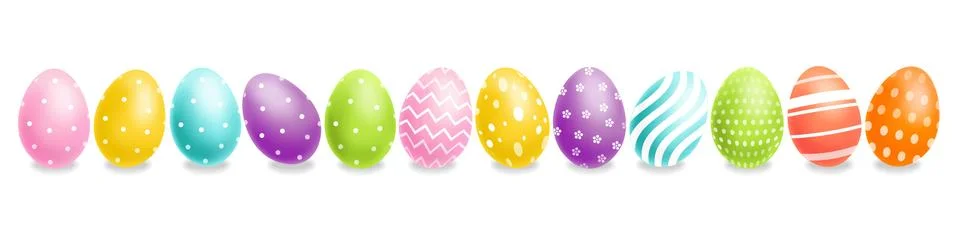 Colorful Easter eggs set Vector realistic. Spring holiday banner. 3d detailed Stock Illustration