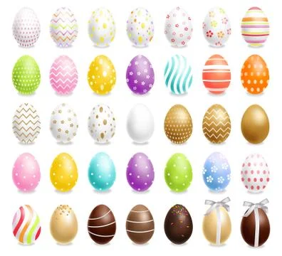 Colorful Easter eggs set Vector realistic. Spring holiday banner. 3d detailed Stock Illustration