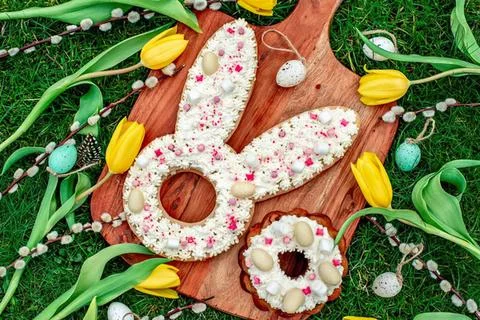 Colorful easter eggs shaped like a bunny on green leaves Stock Photos