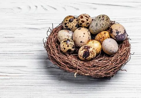 Colorful easter eggs in a small basket on white wood Stock Photos