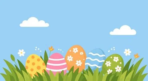 Colorful Easter Eggs In Spring Grass Landscape Vector Illustration Illustrazione stock