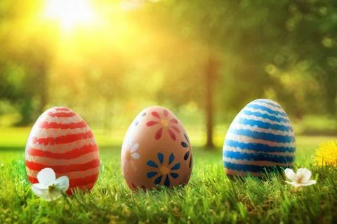 Colorful Easter Eggs on Spring Grass Stock Photos