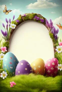 Colorful easter eggs on spring landscape. Easter background with copy space Ilustración de archivo