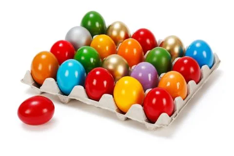 Colorful easter eggs in storage box Stock Photos