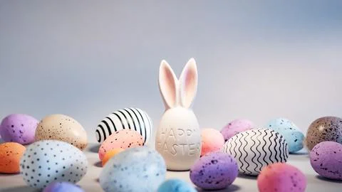Colorful Easter eggs surrounding a decorative bunny in a festive spring arr.. Stock Photos