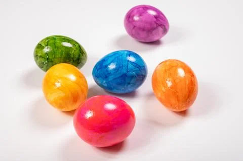 Colorful Easter eggs on table for celebration of catholic Easter in april, .. Foto stock