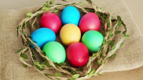 Colorful Easter eggs, top view. Abstract festive background. Stock Footage 236557222