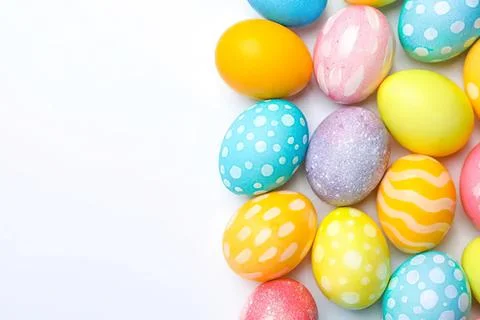 Colorful easter eggs with various patterns on white background Stock Photos
