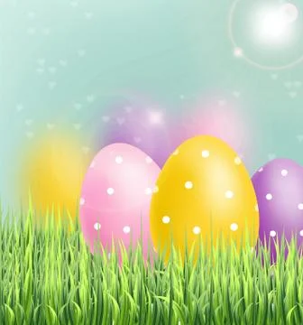 Colorful Easter eggs Vector realistic. Spring holiday banner. 3d detailed pos Stock Illustration