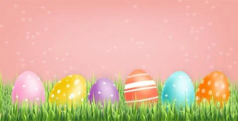 Colorful Easter eggs Vector realistic. Spring holiday banner. 3d detailed pos Stock Illustration