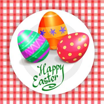 Colorful Easter eggs on white plate and red tablecloth for Easter holidays Stock Illustration