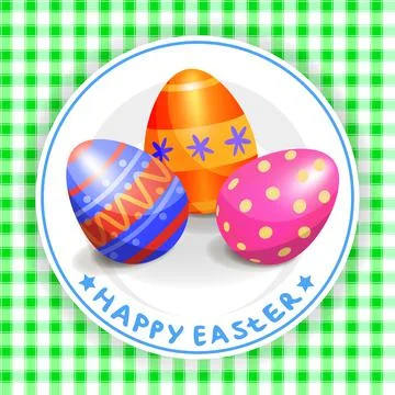 Colorful Easter eggs on white plate and red tablecloth for Easter holidays Ilustración de archivo